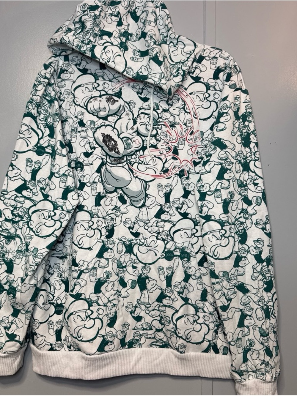 Men's White & Dark Green Cartoon Print Pullover Hoodie popeye